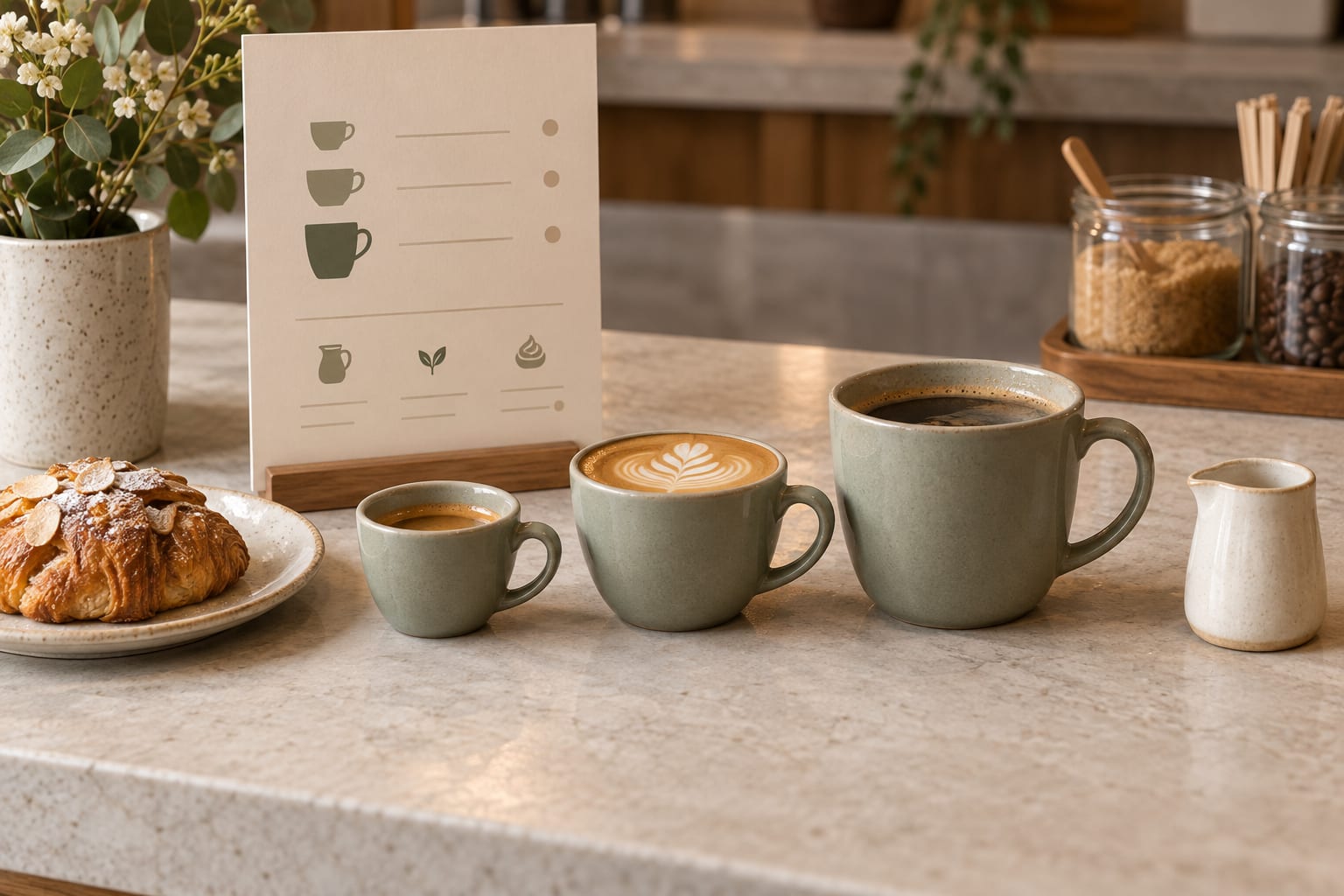 Different serving sizes displayed beside a cafe menu