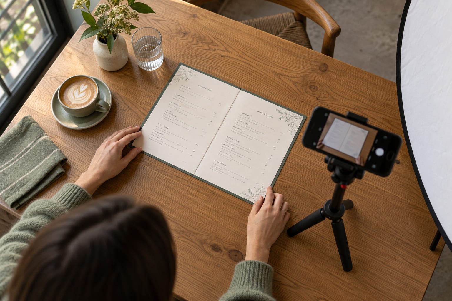 A printed menu laid flat beside a phone on a tabletop camera stand
