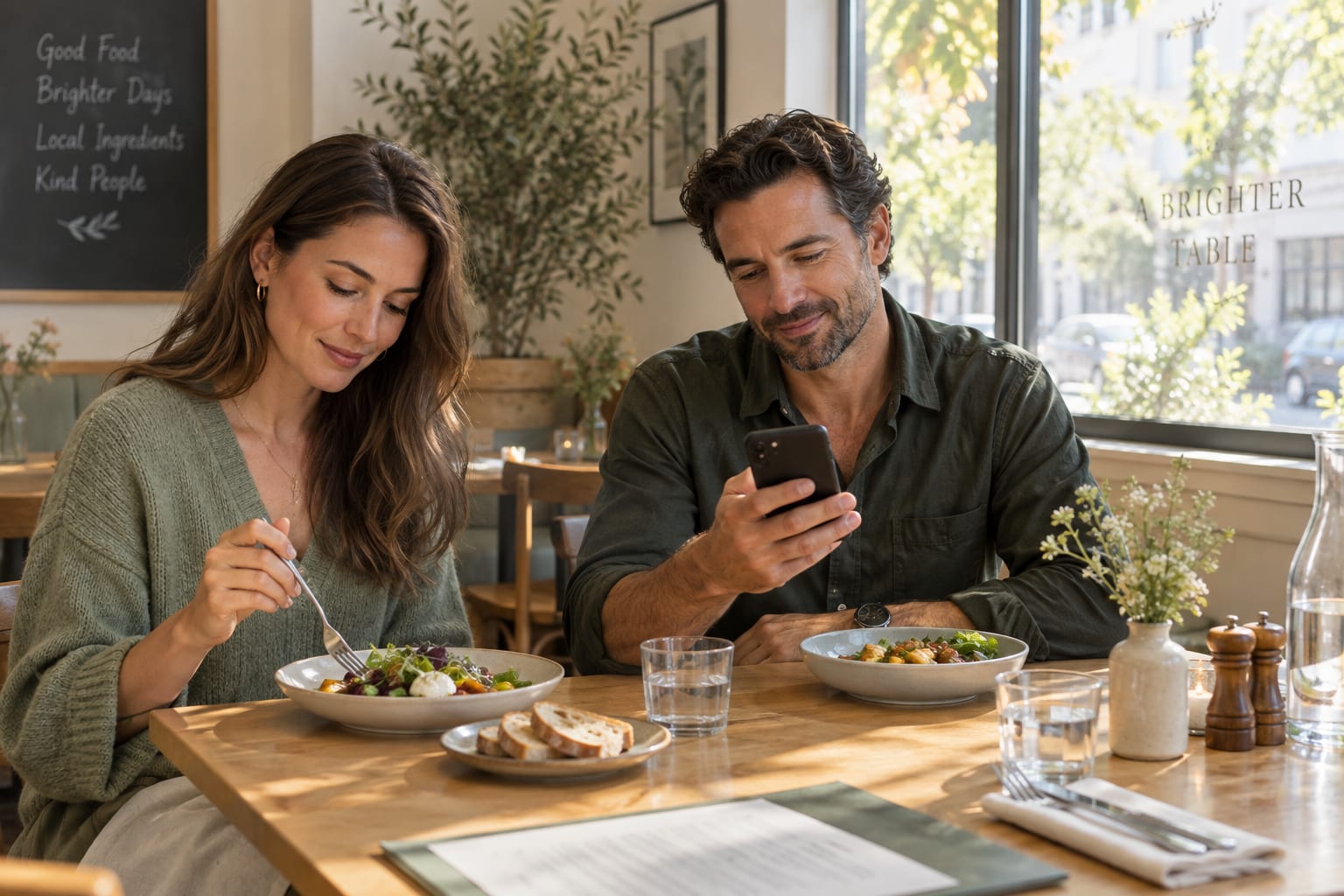 A couple choosing lunch together at a sunlit cafe table