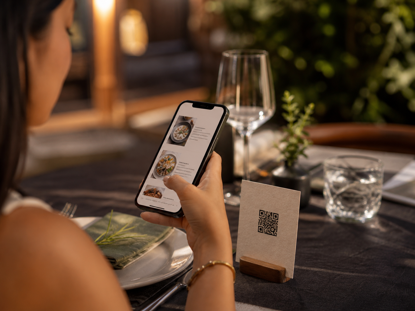 Restaurant guest opening a menu by scanning a QR code