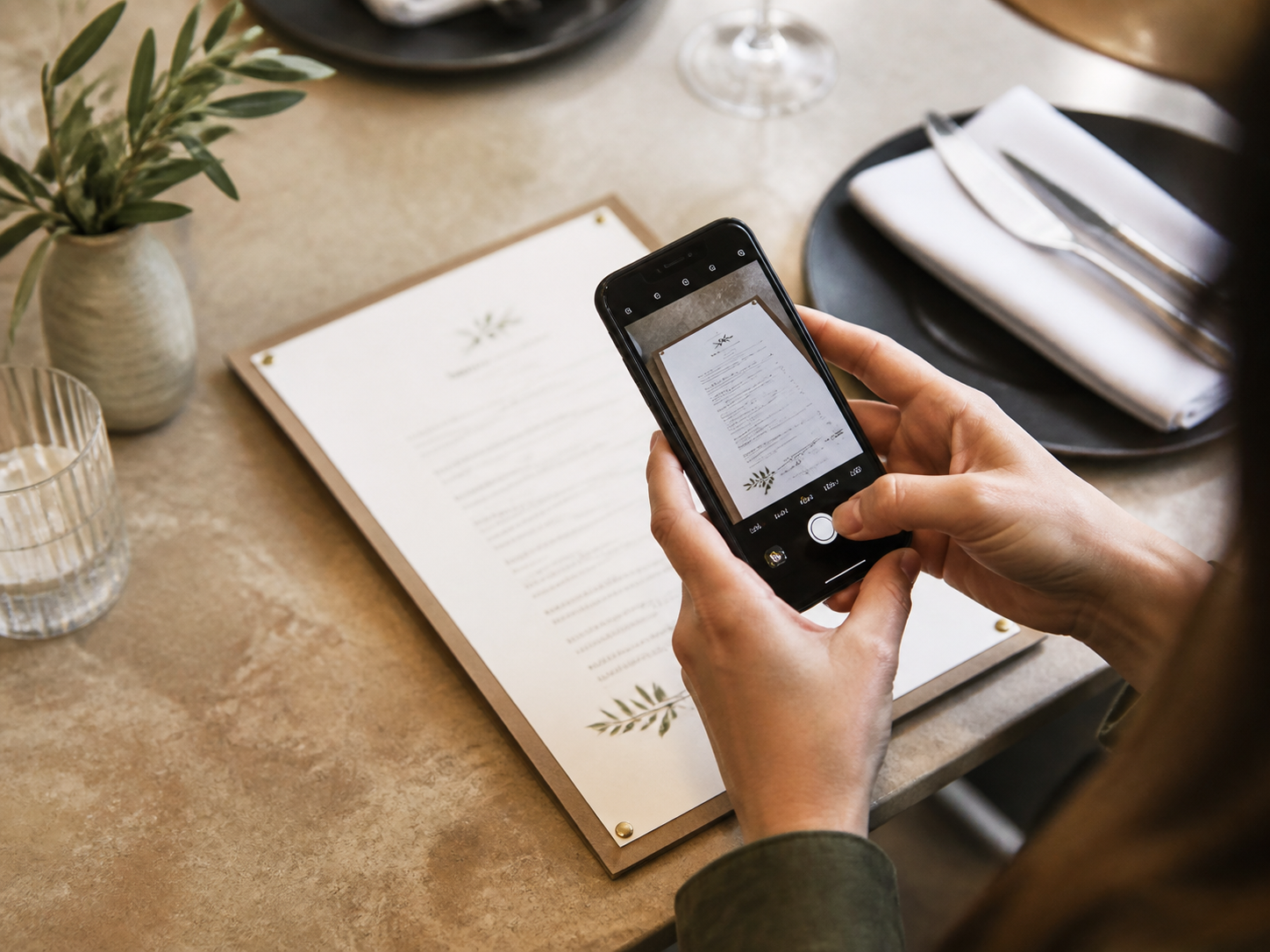 Restaurant owner photographing a printed menu with a phone